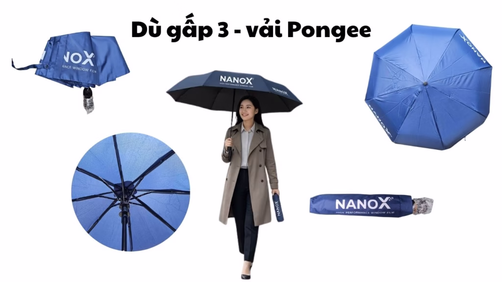 Ô dù cầm tay gấp 3 vải Pongee in logo NANOX, mẫu dù quà tặng thương hiệu của xưởng Dù Vĩnh Thuận