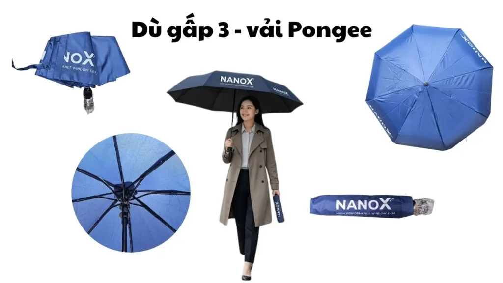 Ô dù cầm tay gấp 3 vải Pongee in logo NANOX, mẫu dù quà tặng thương hiệu của xưởng Dù Vĩnh Thuận