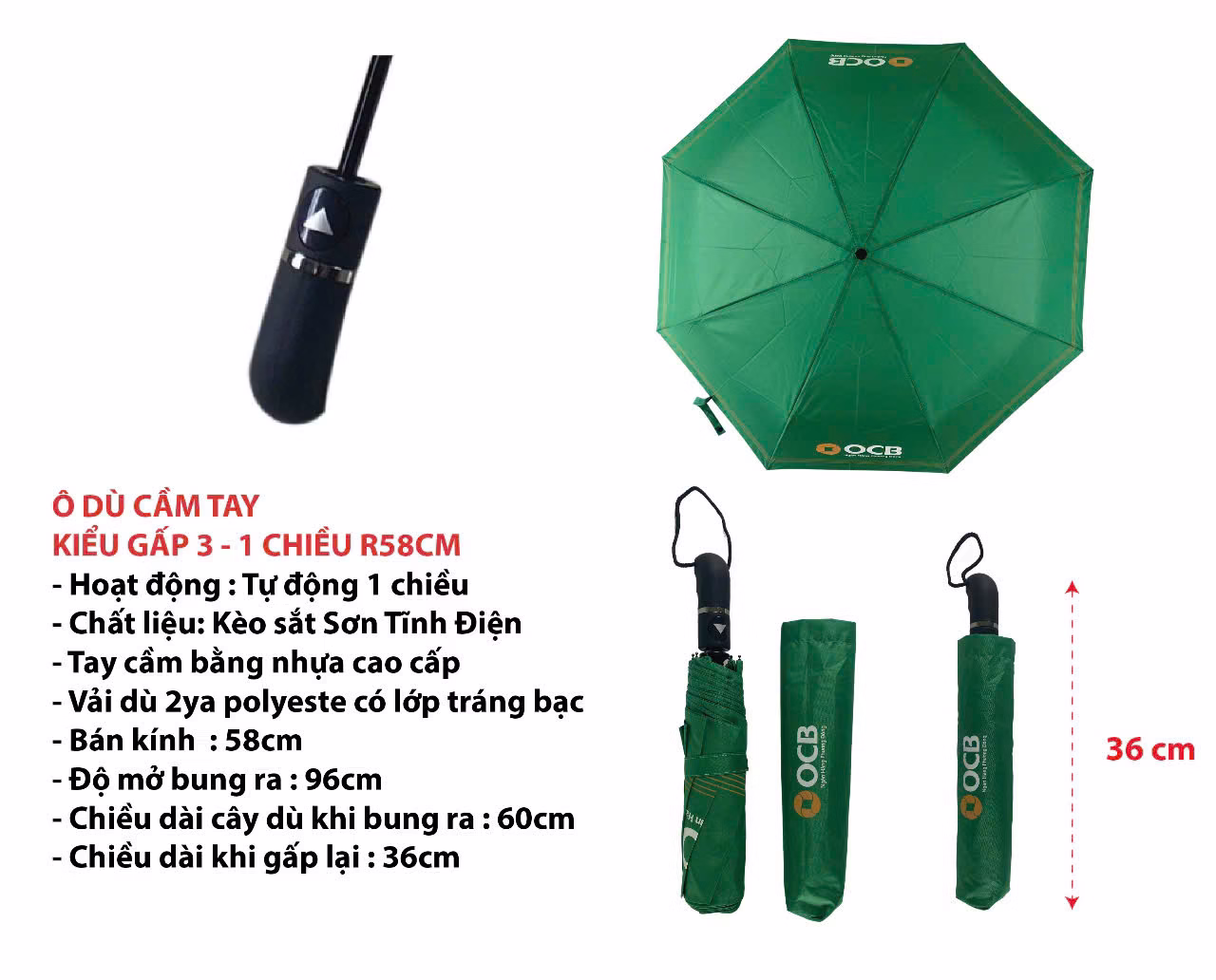 Ô dù gấp 3 màu xanh lá cây và bao đựng hoặc Dù cầm tay gấp gọn R58 màu xanh lá