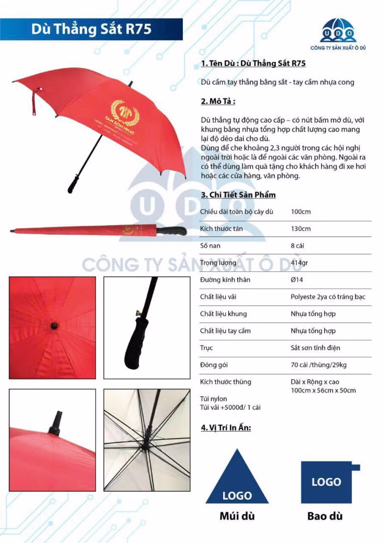 Dù Kiểu Thẳng Kèo Sắt R75cm
