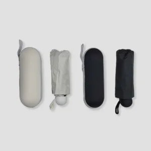Ô dù gấp mini hộp cứng màu đen và bạc, kích thước nhỏ 17cm, tiện mang theo túi xách