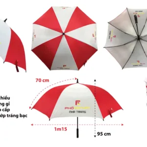 Ô dù cầm tay R70cm kèo Poly tự động 1 chiều màu đỏ trắng, vải tráng bạc chống UV.