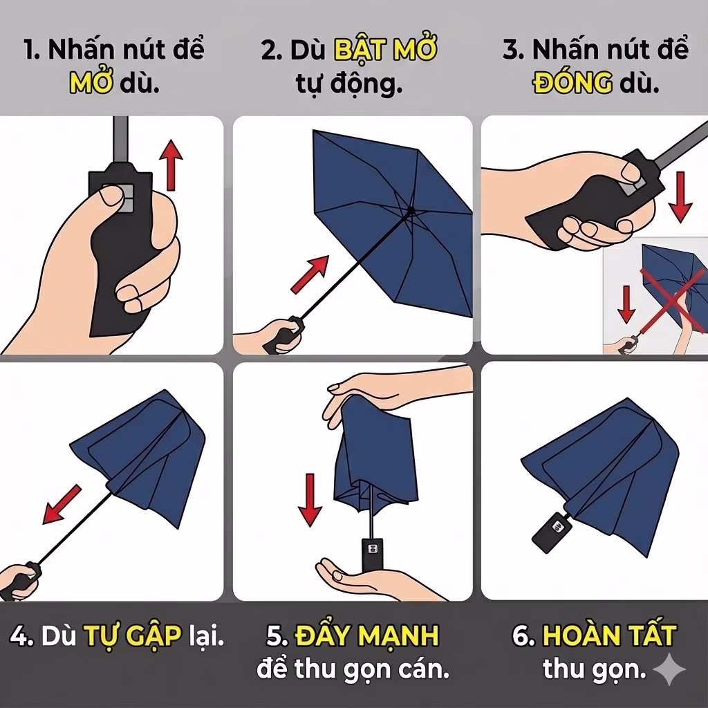 Hướng dẫn cách đóng mở dù tự động 2 chiều đúng cách