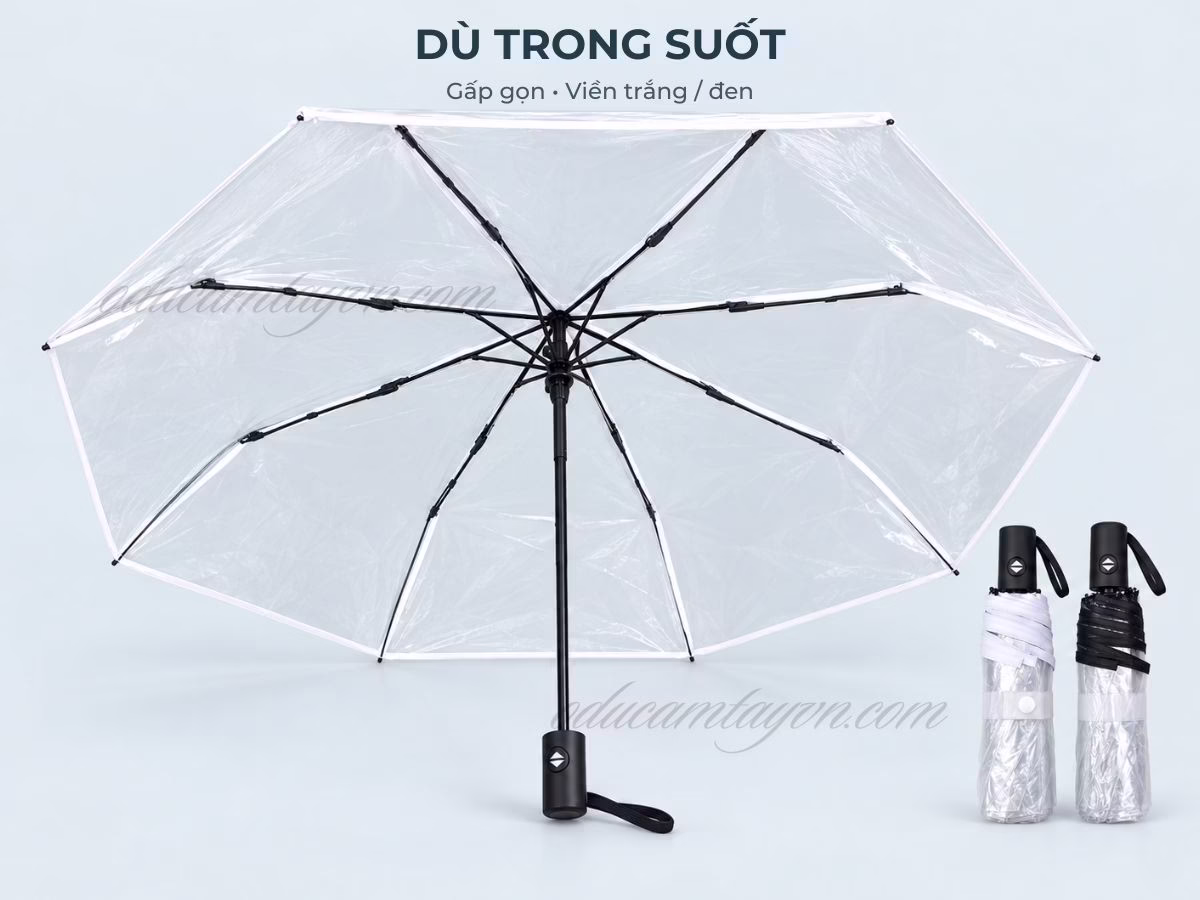 Dù cầm tay trong suốt - gấp gọn, viền trắng đen