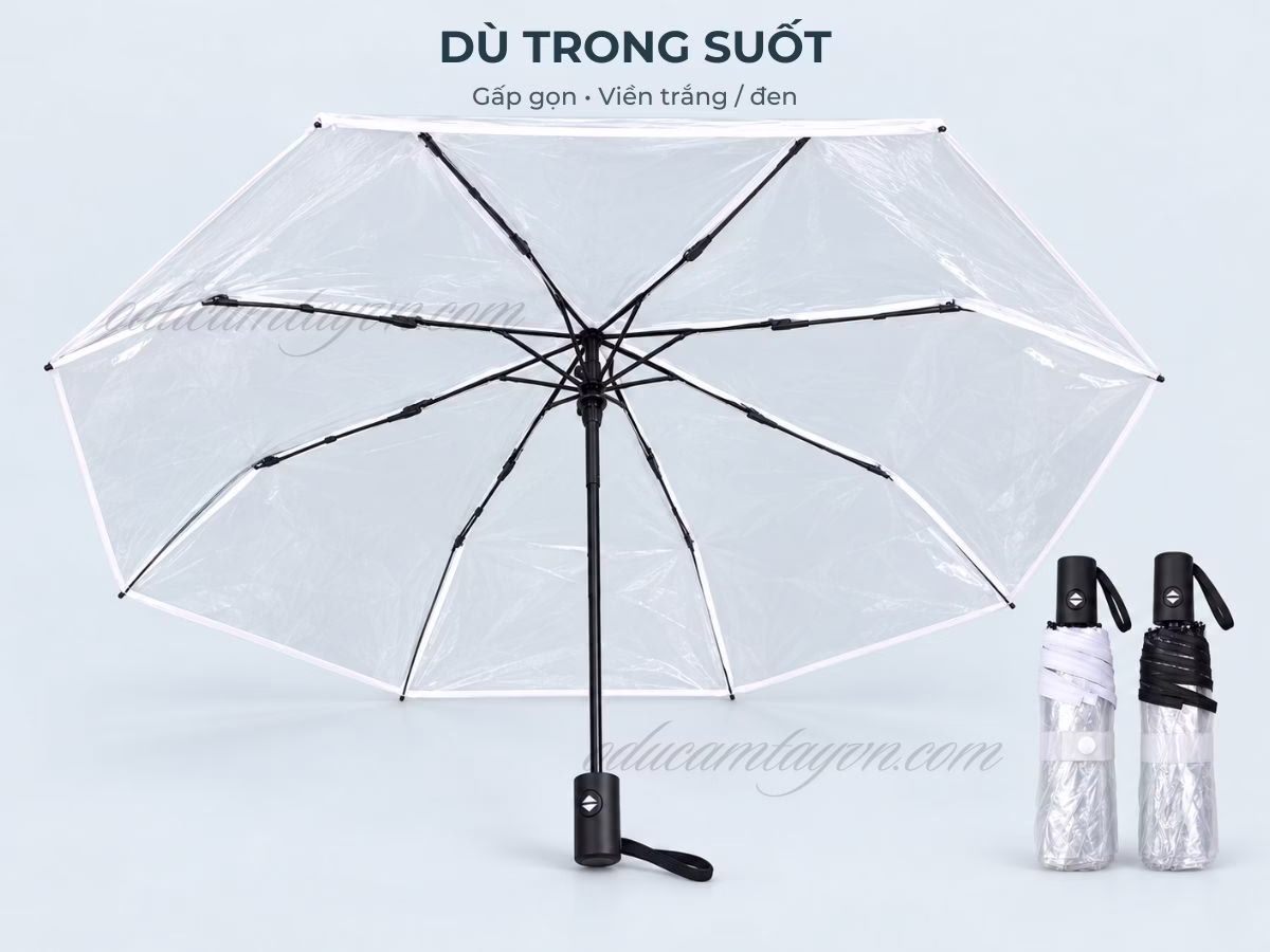 Dù cầm tay trong suốt gấp gọn viền trắng đen