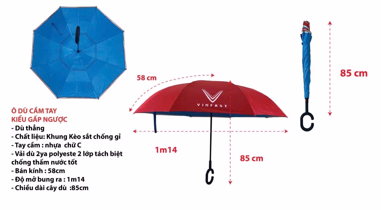 Kích thước và thông số dù gấp ngược 2 lớp tay cầm chữ C